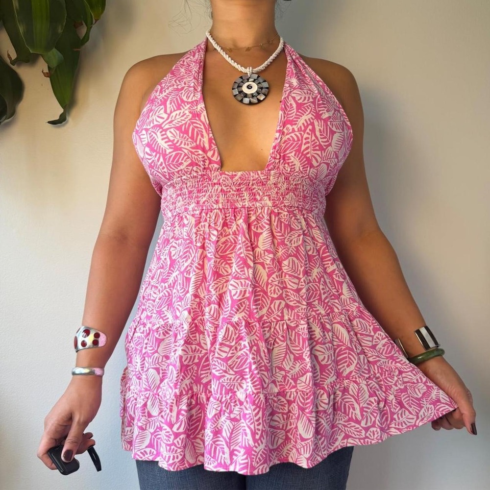 Sky to Moon Pink White Leaf Print Halter Babydoll Tank Top Boho Summer Large